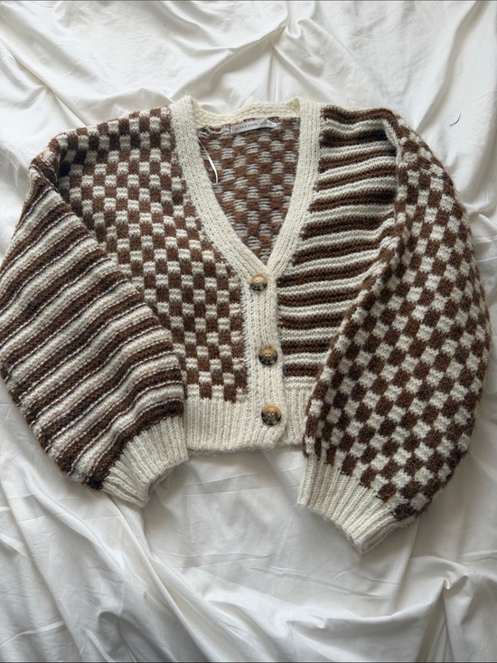 Altar'd State Sweaters - Altar'd State Cream & Brown Checkered Stripe V-Neck Cardigan